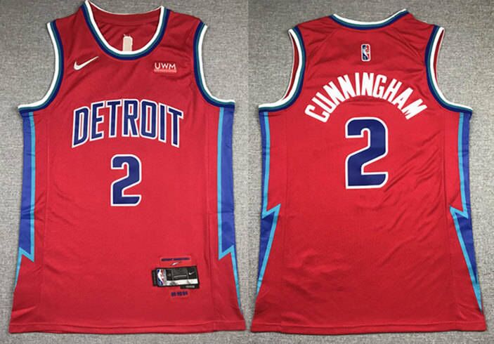 Men's Detroit Pistons #2 Cade Cunningham 75th Anniversary Red City Edition Stitched Basketball Jersey