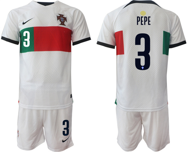 Men's Portugal #3 Pepe White Away Soccer Jersey Suit