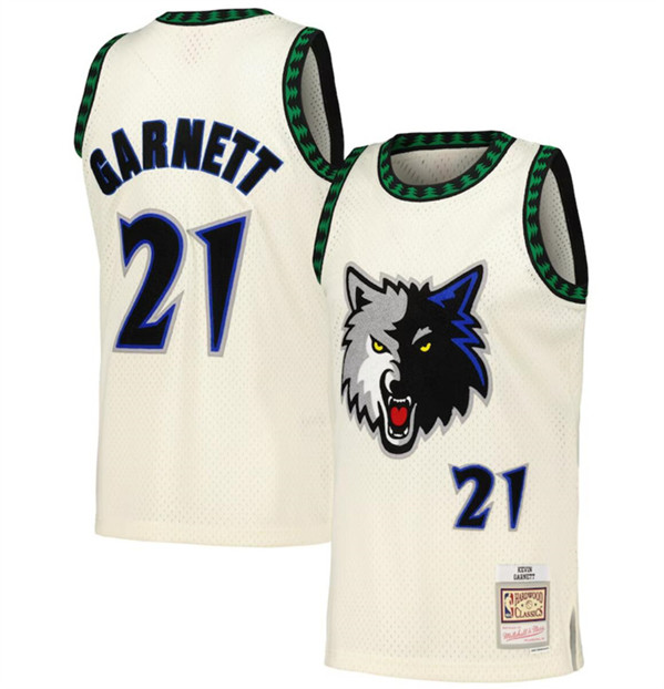 Men's Minnesota Timberwolves #21 Kevin Garnett White Throwback Stitched Jersey