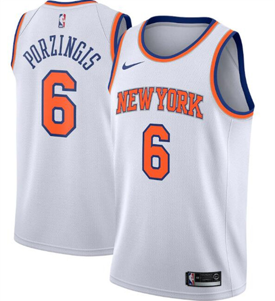 New Yok Knicks White #6 Kristaps Porzingis Association Edition Stitched Swingman NBA Jersey