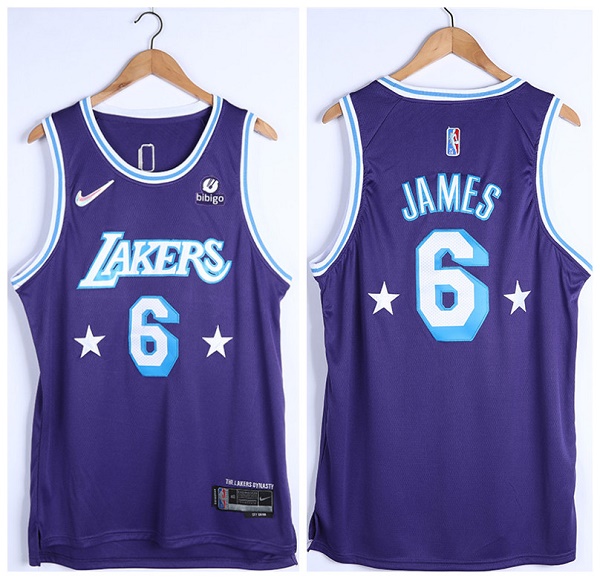 Men's Los Angeles Lakers #6 LeBron James "Bibigo" Purple 75th Anniversary City Edition Stitched Jersey