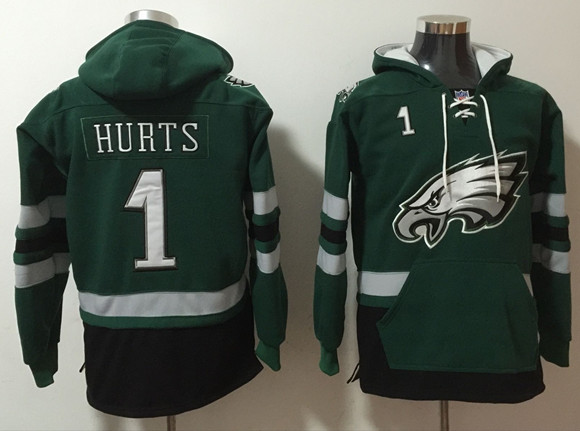 Men's Philadelphia Eagles #1 Jalen Hurts Green Ageless Must-Have Lace-Up Pullover Hoodie