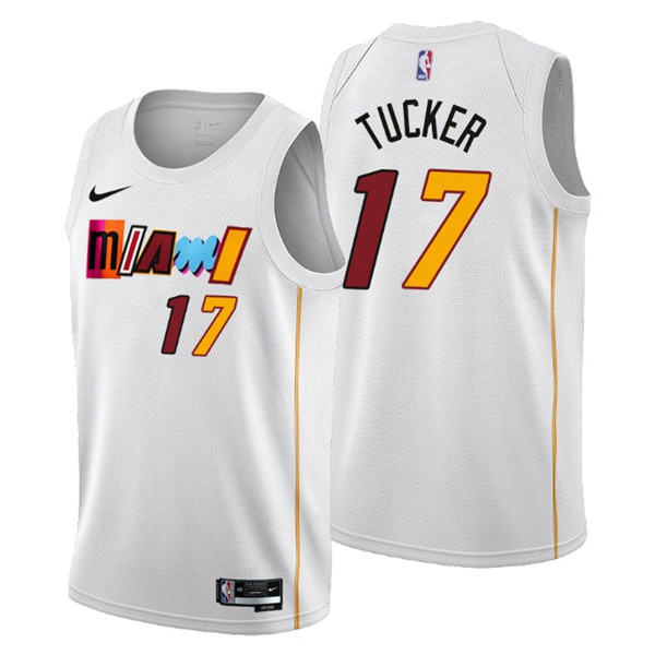 Men's Miami Heat #17 P.J. Tucker 2022/23 White City Edition Stitched Jersey