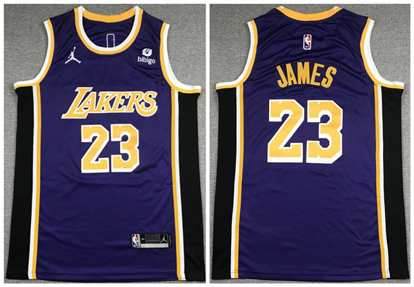 Men's Los Angeles Lakers #23 LeBron James "bibigo" Purple Stitched Basketball Jersey