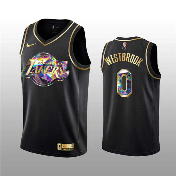 Men's Los Angeles Lakers #0 Russell Westbrook 2021/22 Black Golden Edition 75th Anniversary Diamond Logo Stitched Basketball Jersey