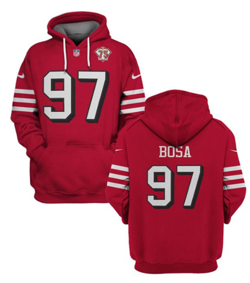 Men's San Francisco 49ers #97 Nick Bosa 2021 Red 75th Anniversary Pullover Hoodie