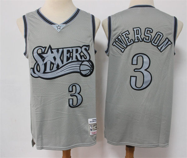 Men's Philadelphia 76ers #3 Allen Iverson Grey Throwback Stitched Basketball Jersey