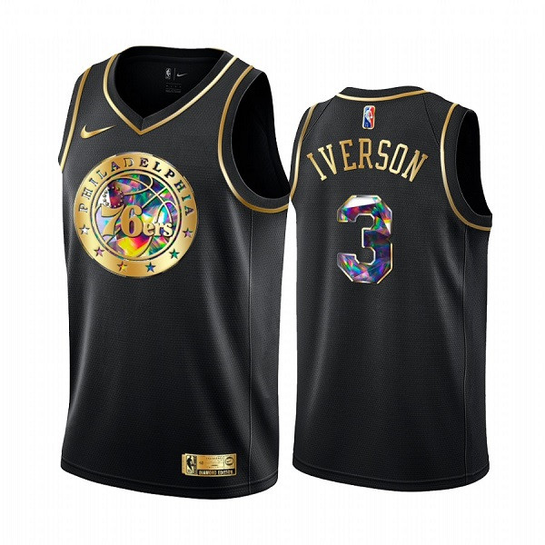 Men's Philadelphia 76ers #3 Allen Iverson 2021/22 Black Golden Edition 75th Anniversary Diamond Logo Stitched Basketball Jersey