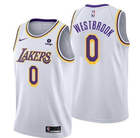 Men's Los Angeles Lakers #0 Russell Westbrook "Bibigo" White Stitched Basketball Jersey