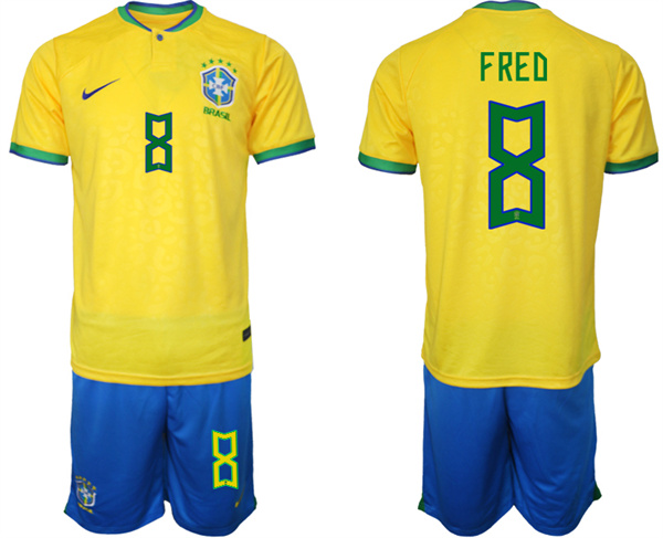 Men's Brazil #8 Fred Yellow 2022 FIFA World Cup Home Soccer Jersey Suit