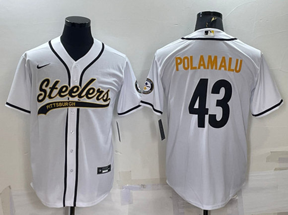 Men's Pittsburgh Steelers #43 Troy Polamalu White With Patch Cool Base Stitched Baseball Jersey