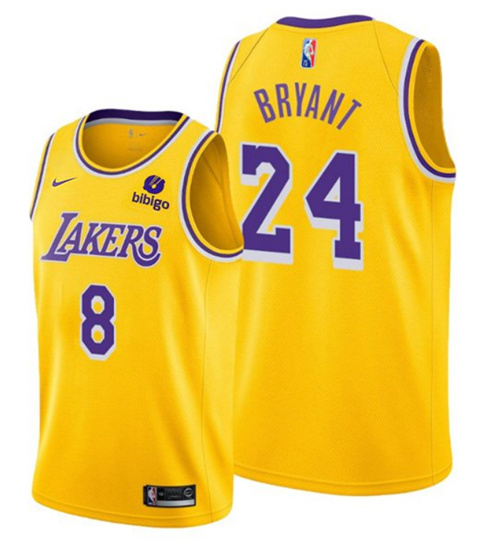 Men's Los Angeles Lakers Front #8 Back #24 Kobe Bryant "Bibigo" Yellow Stitched Basketball Jersey