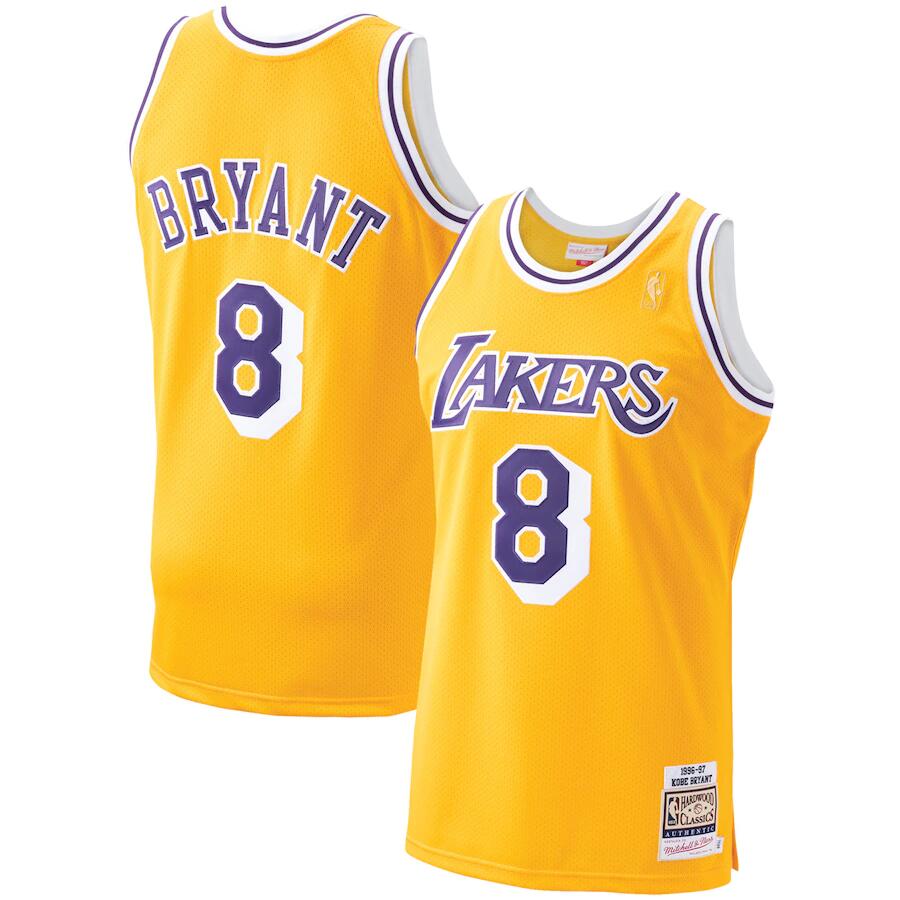 Men's Los Angeles Lakers #8 Kobe Bryant Mitchell & Ness 1996-1997 Gold Hardwood Classics Stitched NBA Jersey