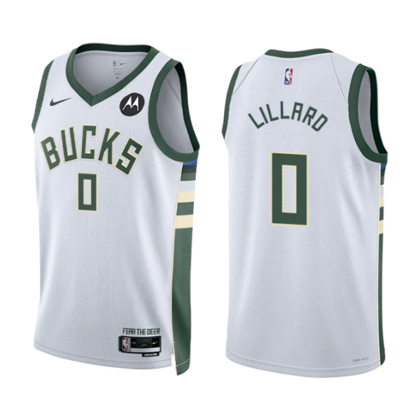 Men's Milwaukee Bucks #0 Damian Lillard White Stitched Basketball Jersey
