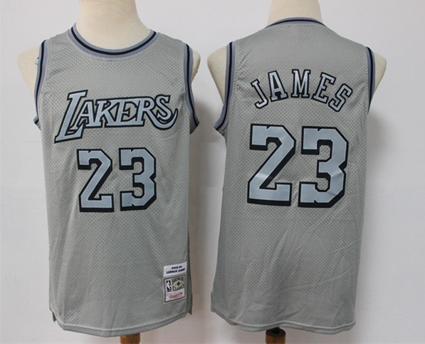 Men's Los Angeles Lakers #23 LeBron James Gray Throwback Stitched Basketball Jersey