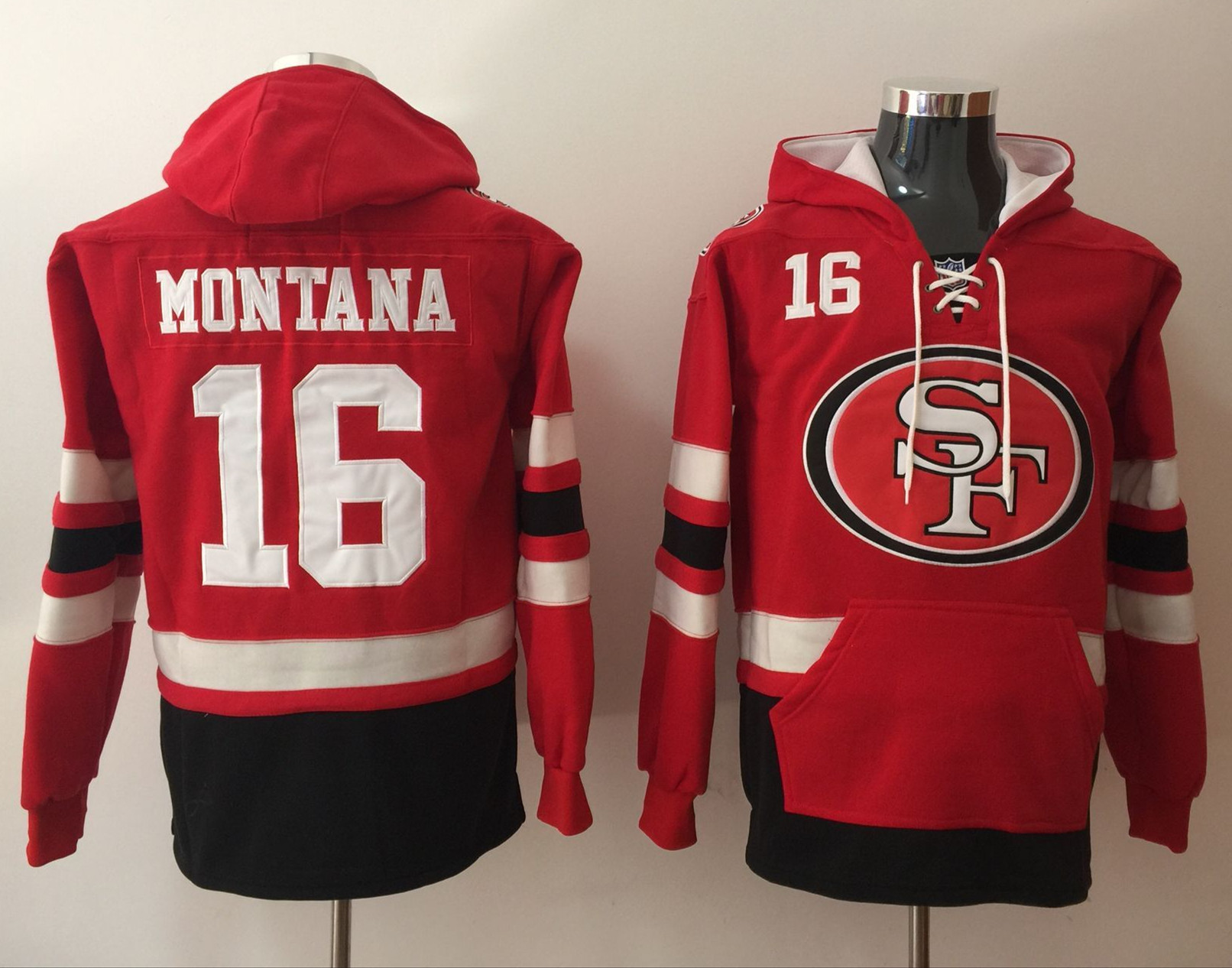 Men's San Francisco 49ers #16 Joe Montana Red Ageless Must-Have Lace-Up Pullover Hoodie