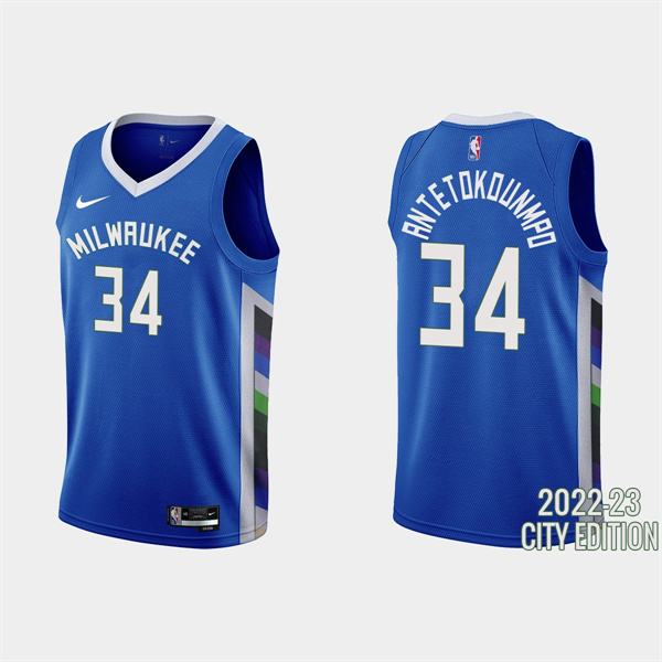 Men's Milwaukee Bucks #34 Giannis Antetokounmpo 2022-23 City Edition Blue Stitched Basketball Jersey
