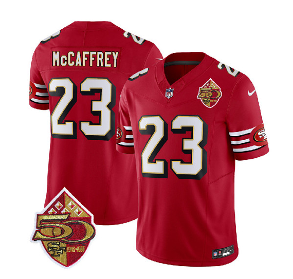 Men's San Francisco 49ers #23 Christian McCaffrey Red 2023 F.U.S.E. 50th Patch Throwback Football Stitched Jersey