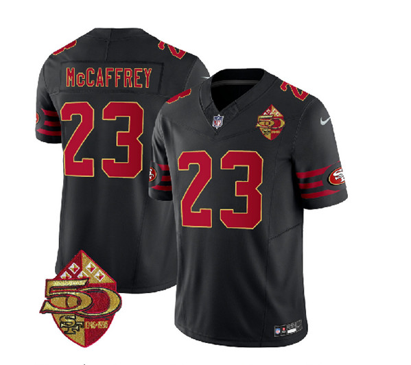 Men's San Francisco 49ers #23 Christian McCaffrey Black 2023 F.U.S.E. 50th Patch Throwback Football Stitched Jersey