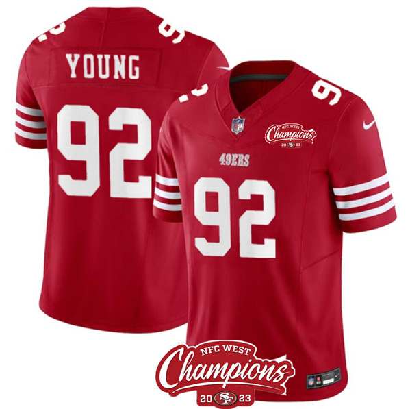 Men's San Francisco 49ers #92 Chase Young Red 2023 F.U.S.E. NFC West Champions Patch Football Stitched Jersey