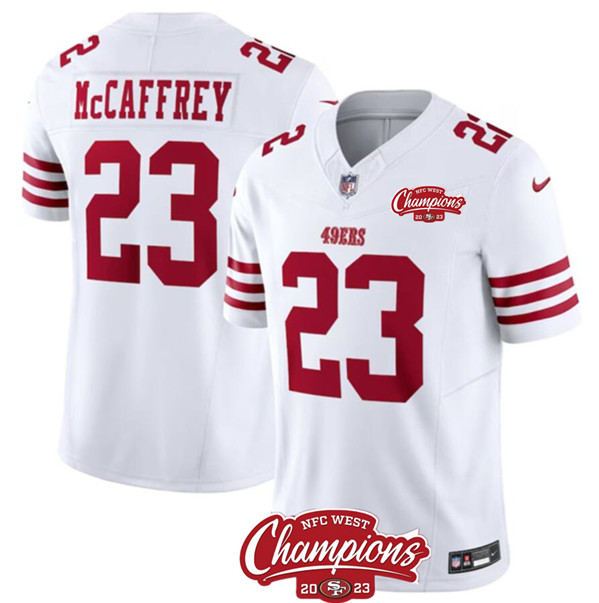 Men's San Francisco 49ers #23 Christian McCaffrey White 2023 F.U.S.E. NFC West Champions Patch Football Stitched Jersey