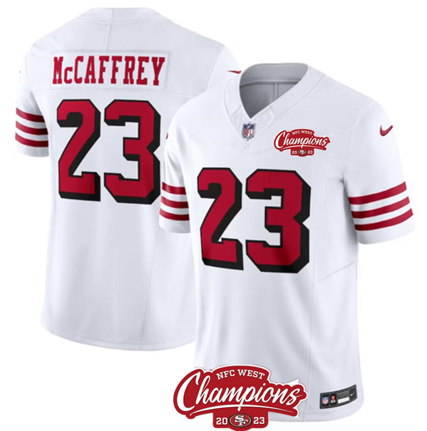 Men's San Francisco 49ers #23 Christian McCaffrey White 2023 F.U.S.E. NFC West Champions Patch Alternate Football Stitched Jersey