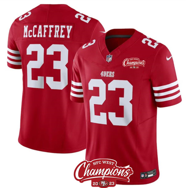 Men's San Francisco 49ers #23 Christian McCaffrey Red 2023 F.U.S.E. NFC West Champions Patch Football Stitched Jersey