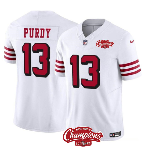 Men's San Francisco 49ers #13 Brock Purdy White 2023 F.U.S.E. NFC West Champions Patch Alternate Football Stitched Jersey