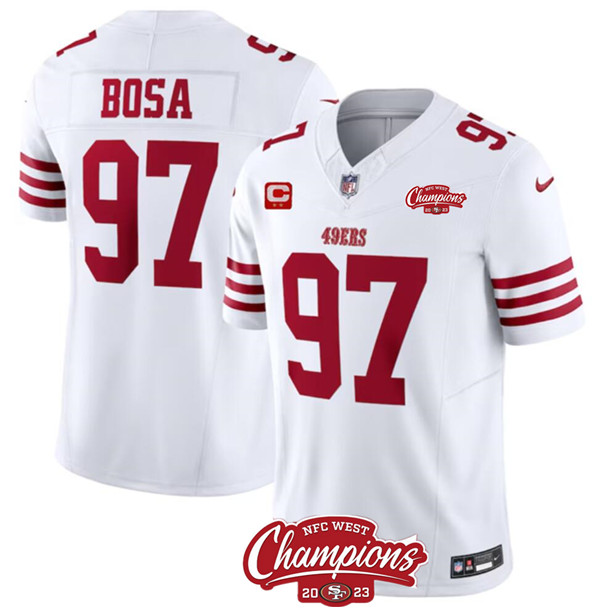 Men's San Francisco 49ers #97 Nick Bosa White 2023 F.U.S.E. With 2-star C Ptach And NFC West Champions Patch Football Stitched Jersey