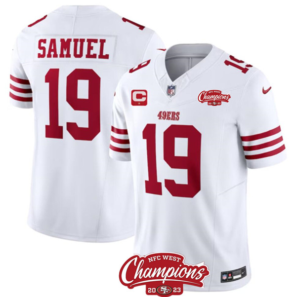 Men's San Francisco 49ers #19 Deebo Samuel White 2023 F.U.S.E. With 1-star C Ptach And NFC West Champions Patch Football Stitched Jersey
