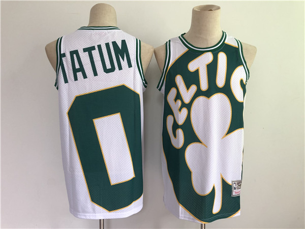 Men's Boston Celtics #0 Jayson Tatum White and Green Big Face Throwback Stitched NBA Jersey