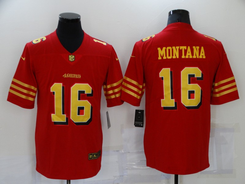 Men's San Francisco 49ers #16 Joe Montana Red Gold Vapor Untouchable Limited Stitched Jersey