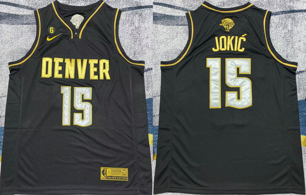 Men's Denver Nuggets #15 Nikola Jokic Black Gold 2023 Finals With NO.6 Patch Stitched Basketball Jersey