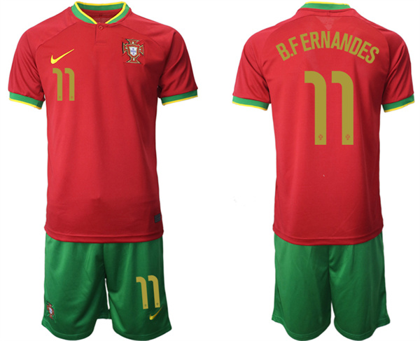 Men's Portugal #11 B. Fernandes Red Home Soccer Jersey Suit