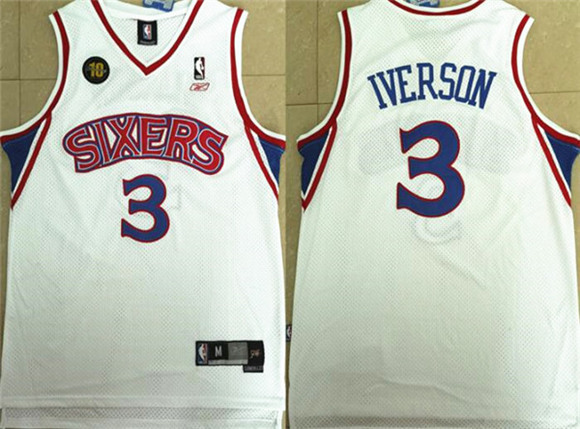 Men's Philadelphia 76ers #3 Allen Iverson White 10th Anniversary Stitched NBA Jersey