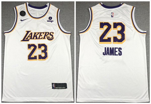Men's Los Angeles Lakers #23 LeBron James "bibigo" White With KB Patch Stitched Jersey