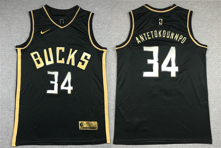 Men's Milwaukee Bucks #34 Giannis Antetokounmpo Black Gold Edition NBA Stitched Jersey