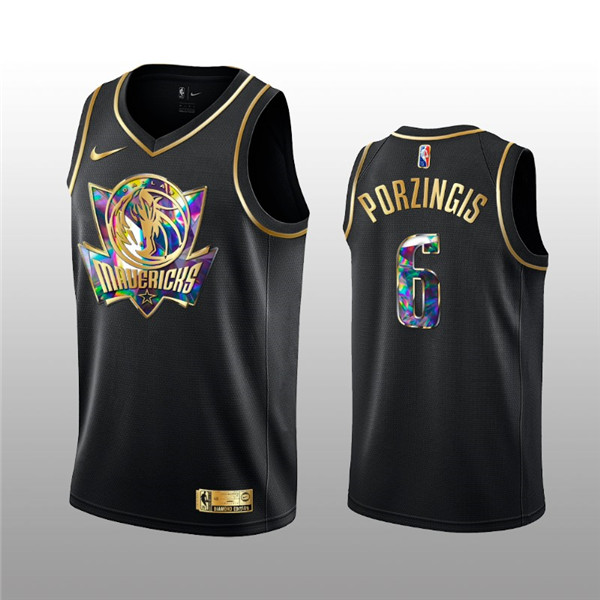Men's Dallas Mavericks #6 Kristaps Porzingis 2021/22 Black Golden Edition 75th Anniversary Diamond Logo Stitched Basketball Jersey