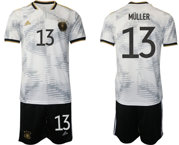 Men's Germany #13 Müller White 2022 FIFA World Cup Home Soccer Jersey Suit