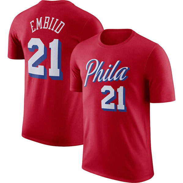 Men's Philadelphia 76ers #21 Joel Embiid Red 2022/23 Statement Edition Name & Number T-Shirt