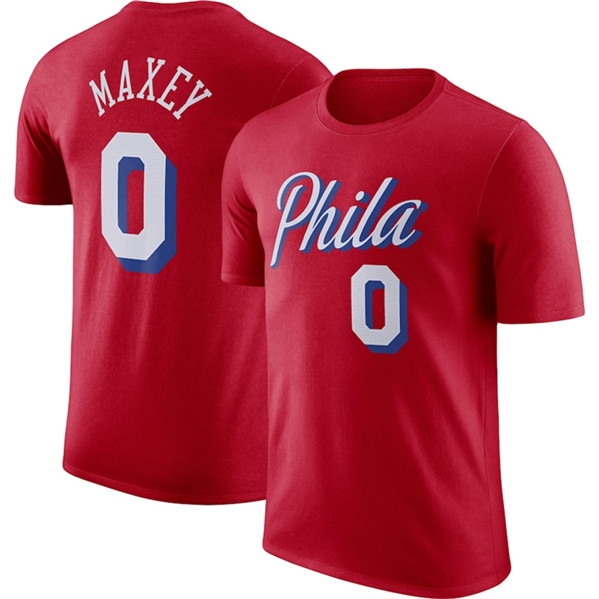 Men's Philadelphia 76ers #0 Tyrese Maxey Red 2022/23 Statement Edition Name & Number T-Shirt