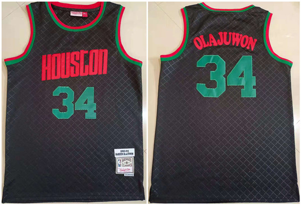 Men's Houston Rockets #34 Hakeem Olajuwon Black 1993-94 Throwback Stitched Jersey