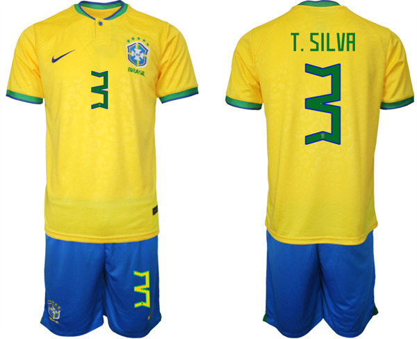 Men's Brazil #3 T. Silva Yellow 2022 FIFA World Cup Home Soccer Jersey Suit