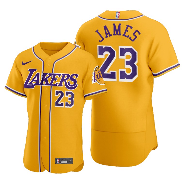 Men's Los Angeles Lakers #23 LeBron James Gold 2020 NBA X MLB Crossover Edition Stitched Jersey