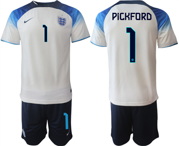 Men's England #1 Pickford White Home Soccer Jersey Suit