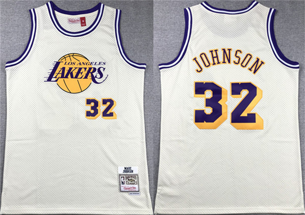 Men's Los Angeles Lakers #32 Magic Johnson White Throwback basketball Jersey