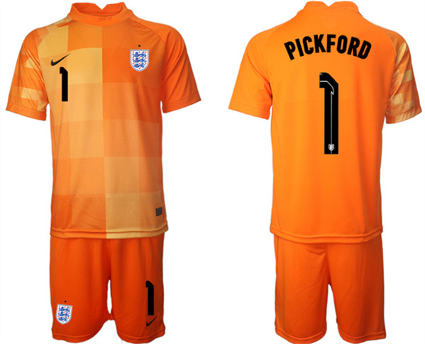 Men's England #1 Pickford Orange Goalkeeper Soccer Jersey Suit