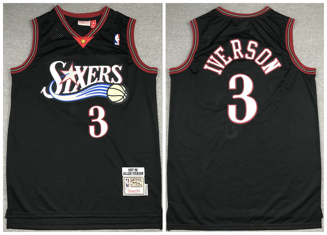 Men's Philadelphia 76ers Black #3 Allen Iverson 1997-98 Throwback Stitched NBA Jersey