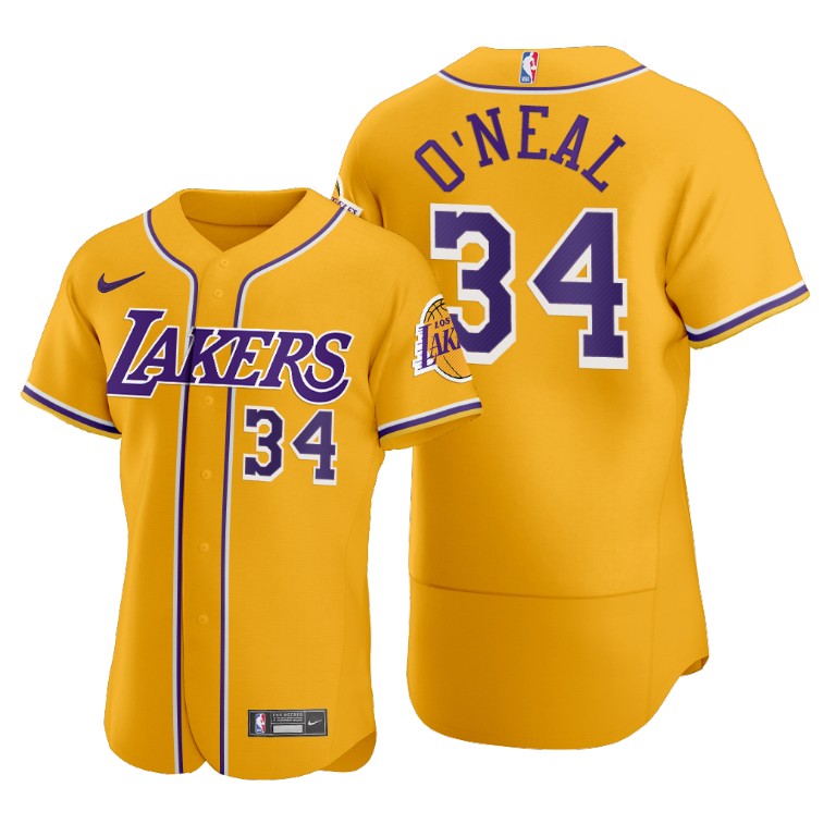 Men's Los Angeles Lakers #34 Shaquille O'Neal Gold 2020 NBA X MLB Crossover Edition Stitched Jersey