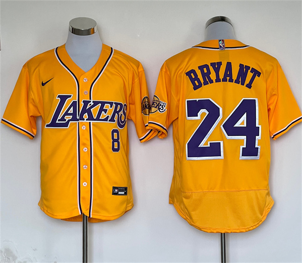 Men's Los Angeles Lakers Front #8 Back #24 Kobe Bryant Yellow Stitched Baseball Jersey